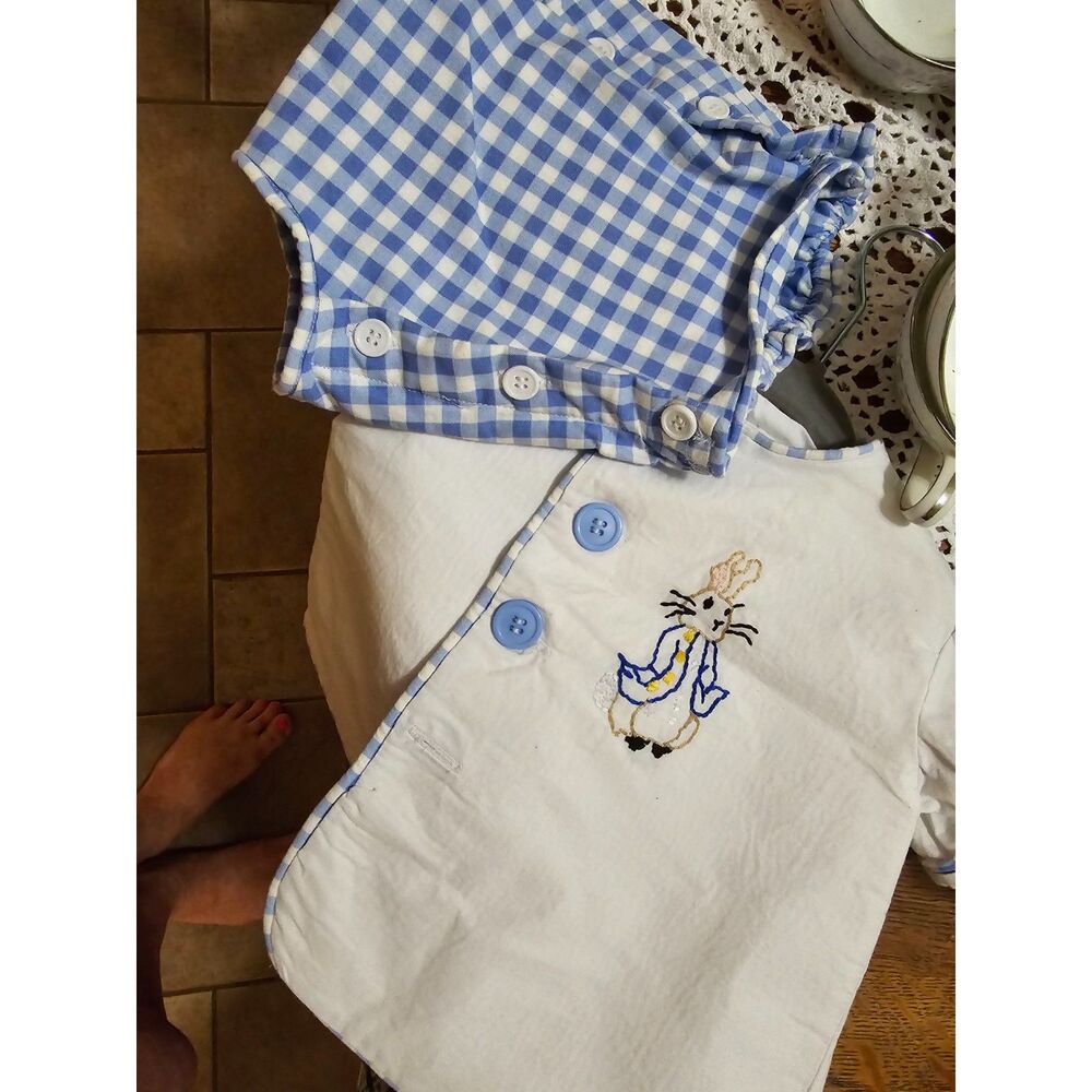 OOAK Hand Embroidered/Sewn Boys Play Suit w Peter Rabbit SZ Baby 3 MOS